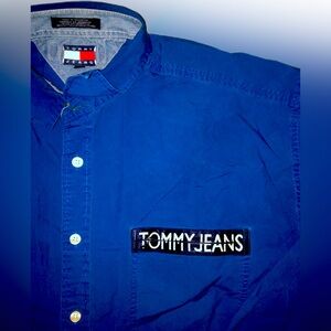 Tommy Hilfiger Blue & Black Long-Sleeve Button-Up Shirt Y2K Men's XL